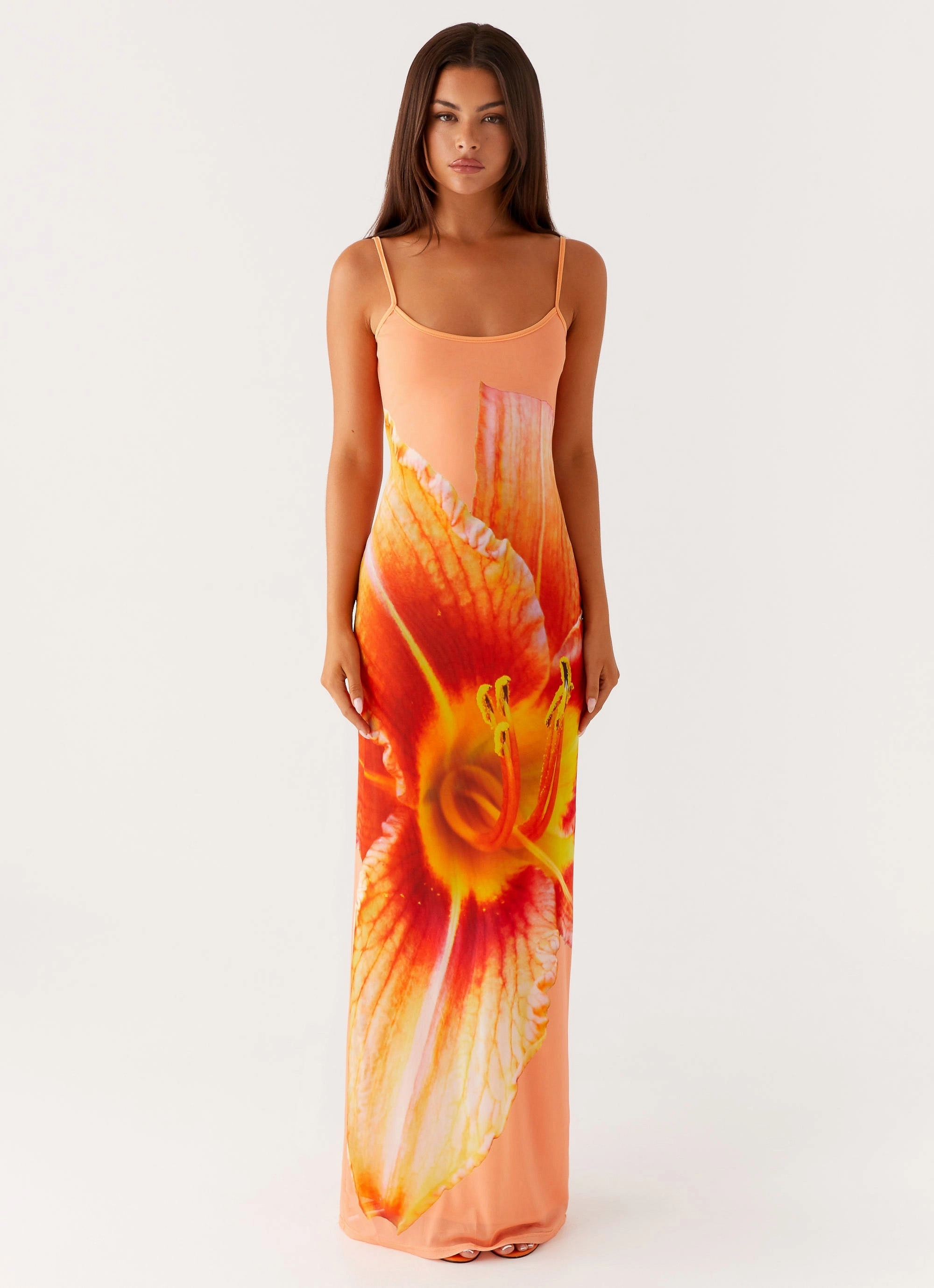 Pure Aesthetic Shine Moment Bad News Mesh Maxi Dress - Orange Floral