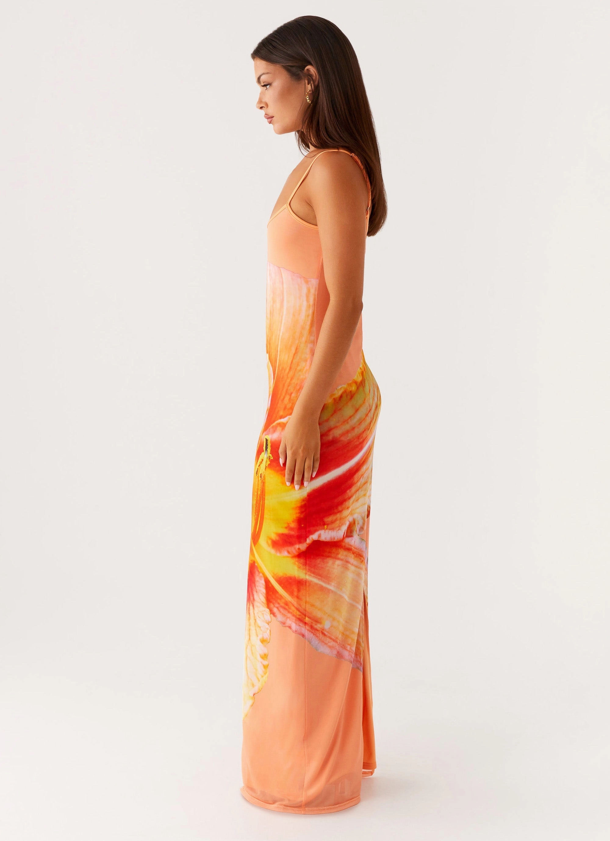 Urban Chic Farm Air Bad News Mesh Maxi Dress - Orange Floral