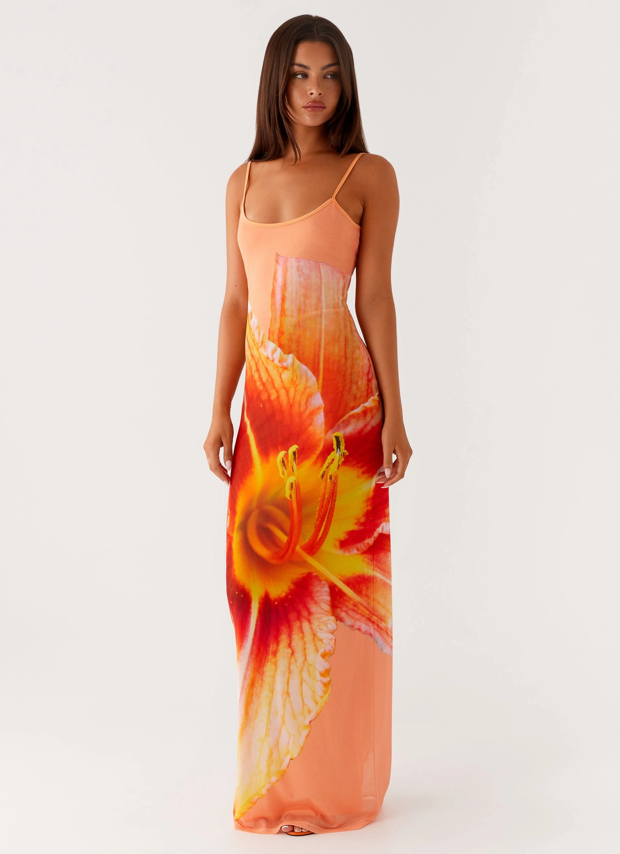 Spring Flow Bad News Mesh Maxi Dress - Orange Floral