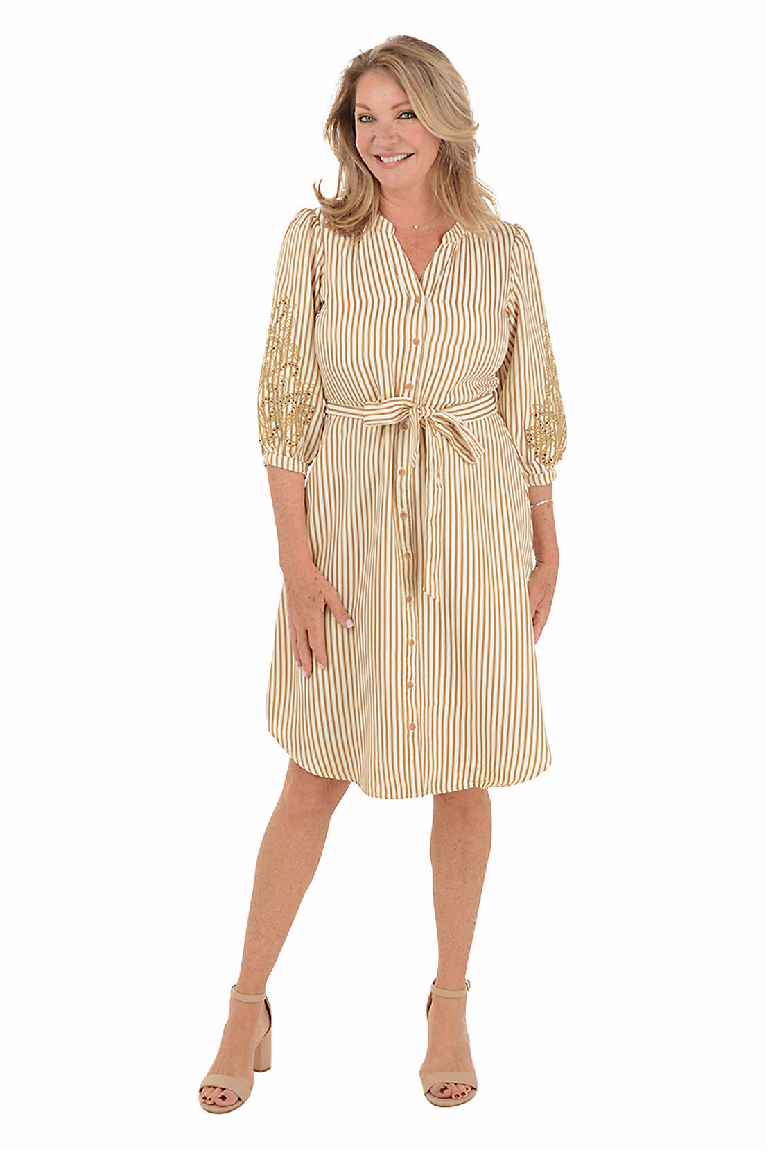 Caramel Embroidered Sleeve Seersucker Stripe Dress Versatile Layer Wear Cool Draping