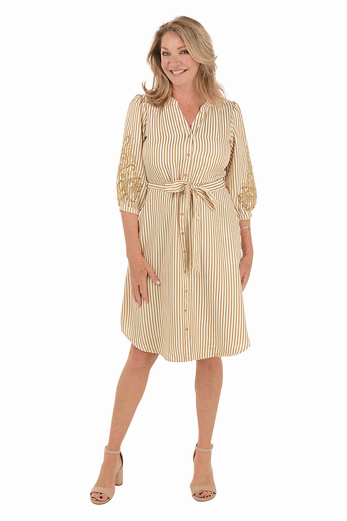 Caramel Embroidered Sleeve Seersucker Stripe Dress Minimal Design