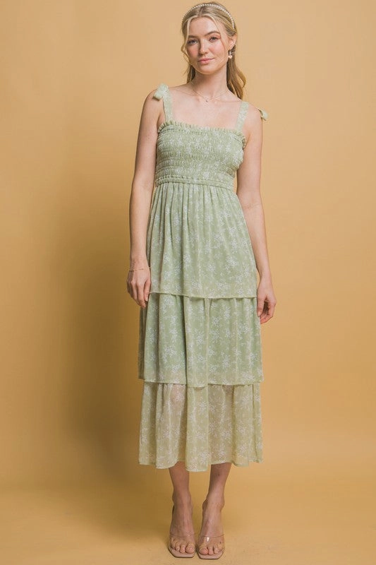 Feminine Cut Sable Tiered Midi Floral Dress