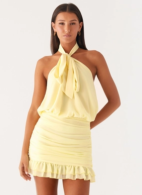 Saebi Tie Neck Mini Dress - Lemon Statement Mood Detachable-Detail