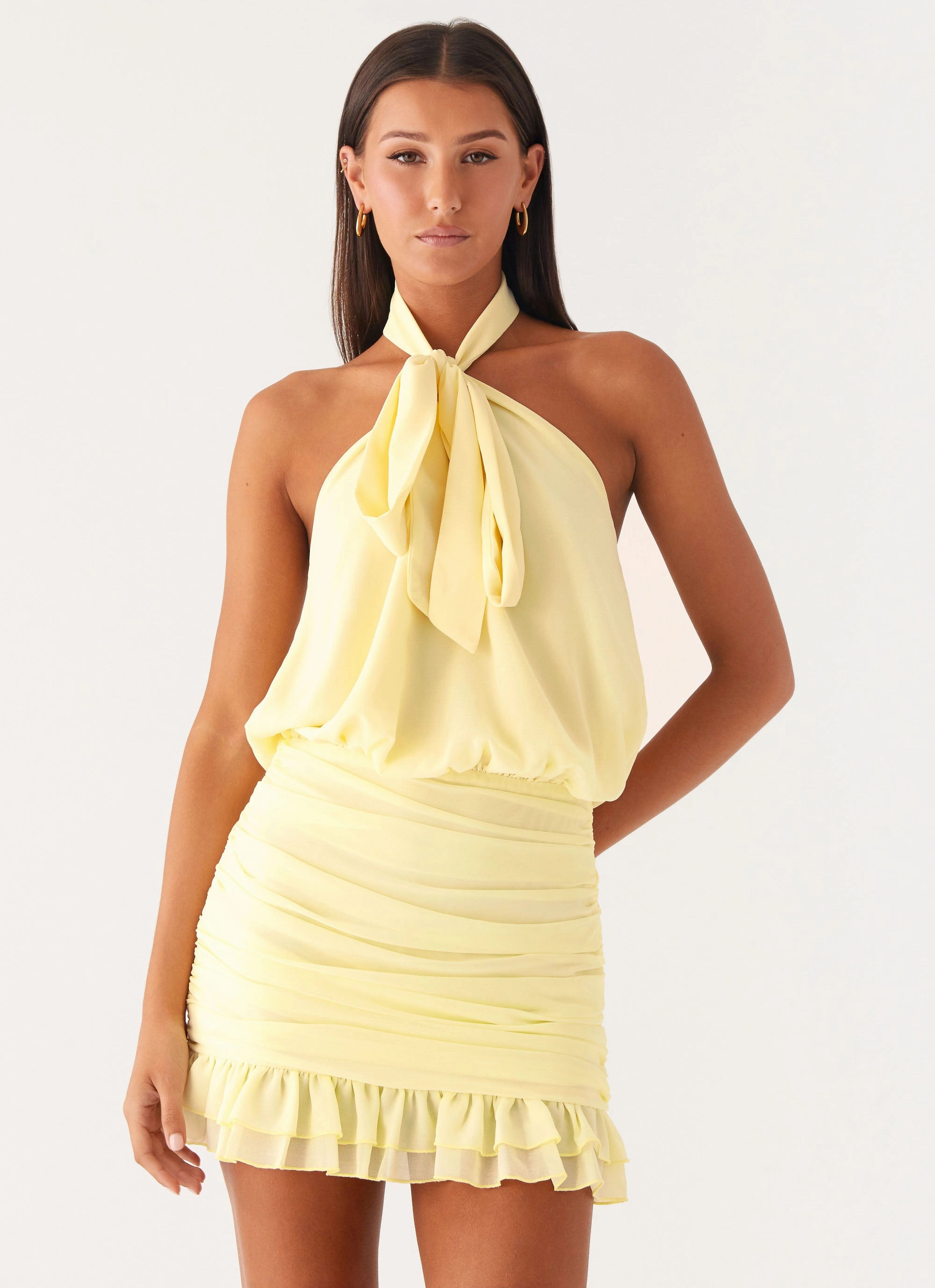 Saebi Tie Neck Mini Dress - Lemon Statement Mood Detachable-Detail
