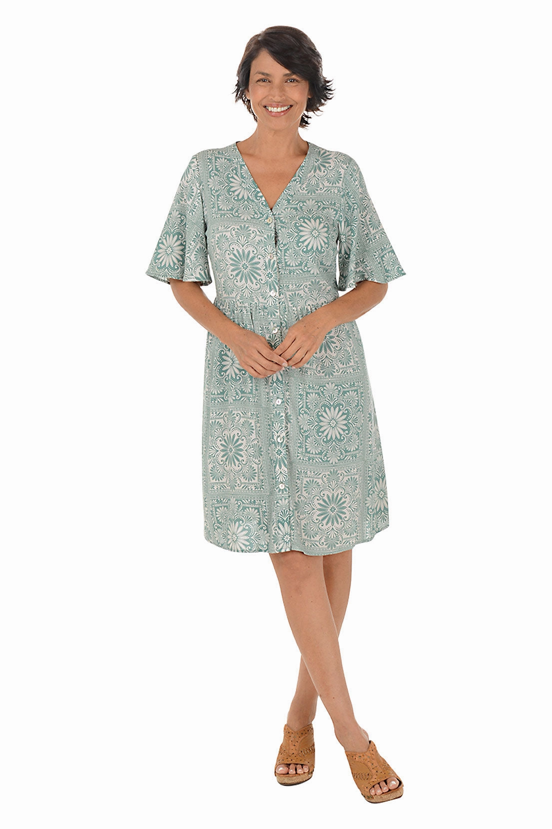 Feminine Design travel mode Sage Flowers Button-Front Elbow Sleeve Dress