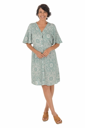 Feminine Design travel mode Sage Flowers Button-Front Elbow Sleeve Dress