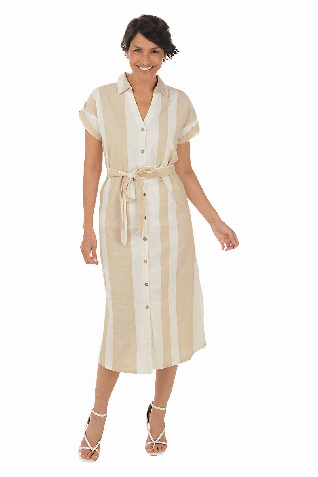 Delicate Mood Sand Striped Button-Front Dress