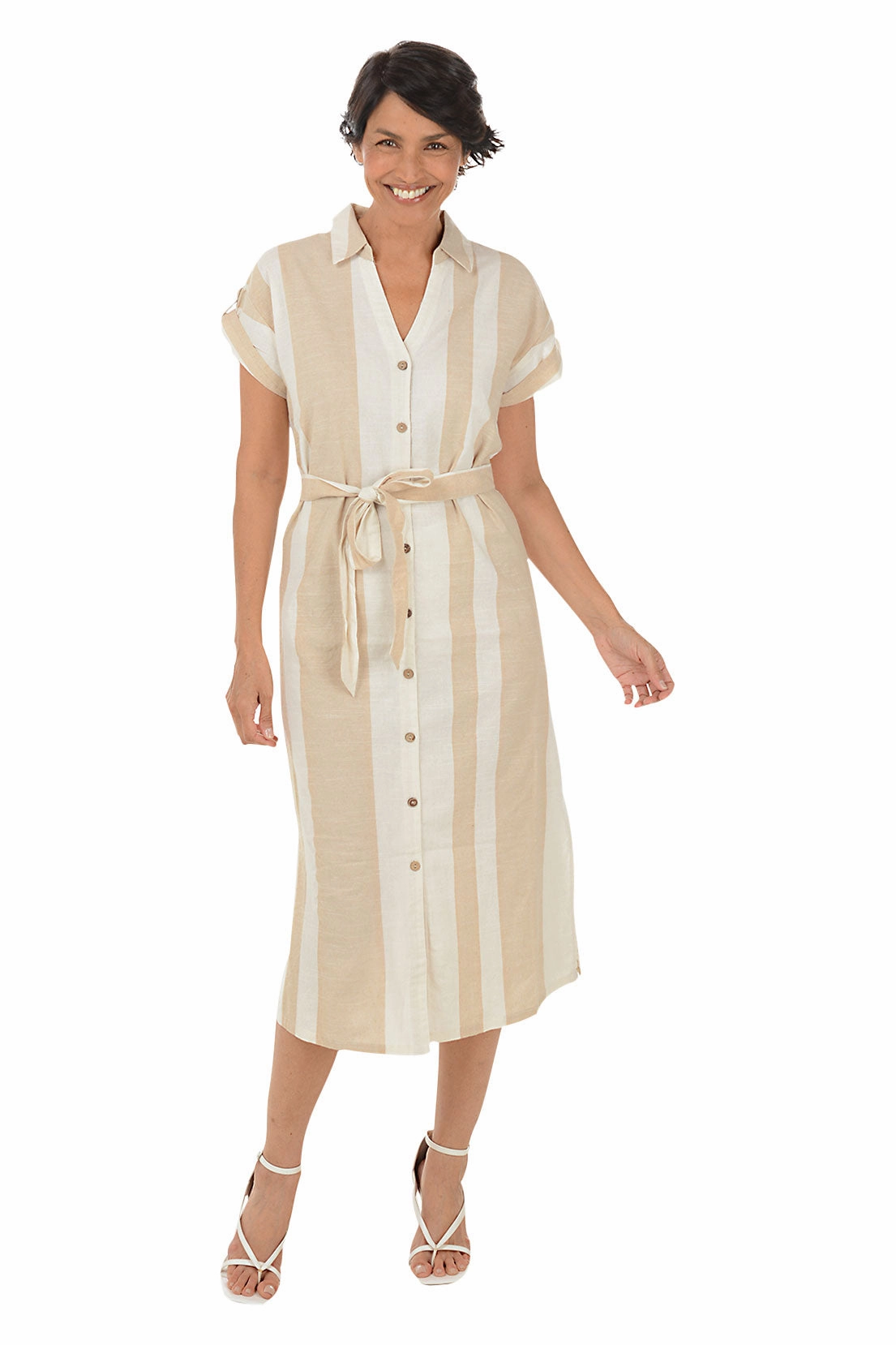 Sand Striped Button-Front Dress Metallic-Shine