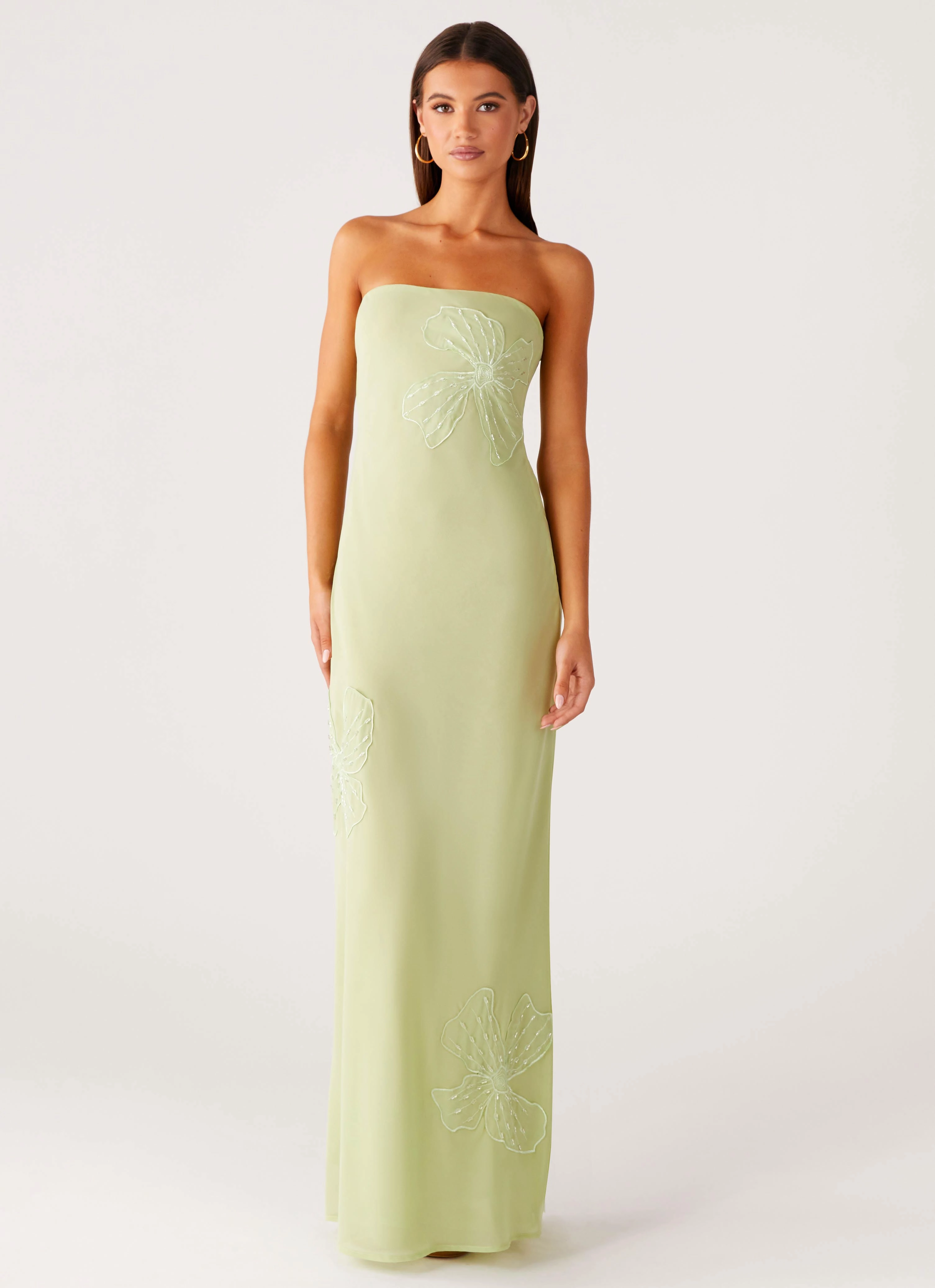 Smart Blend Sassafras Beaded Flower Strapless Maxi Dress - Lime