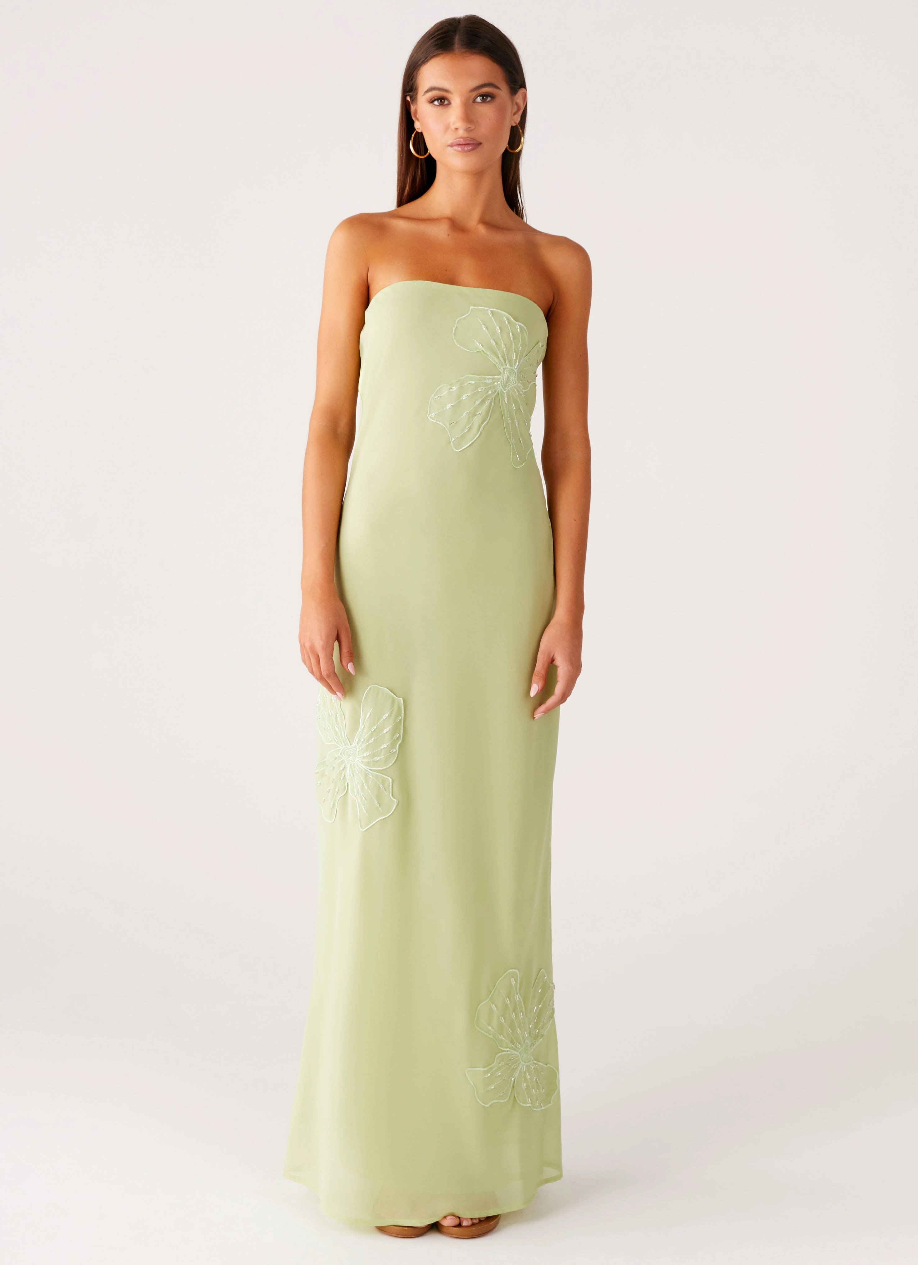 Garden Scene Urban appeal Sassafras Beaded Flower Strapless Maxi Dress - Lime