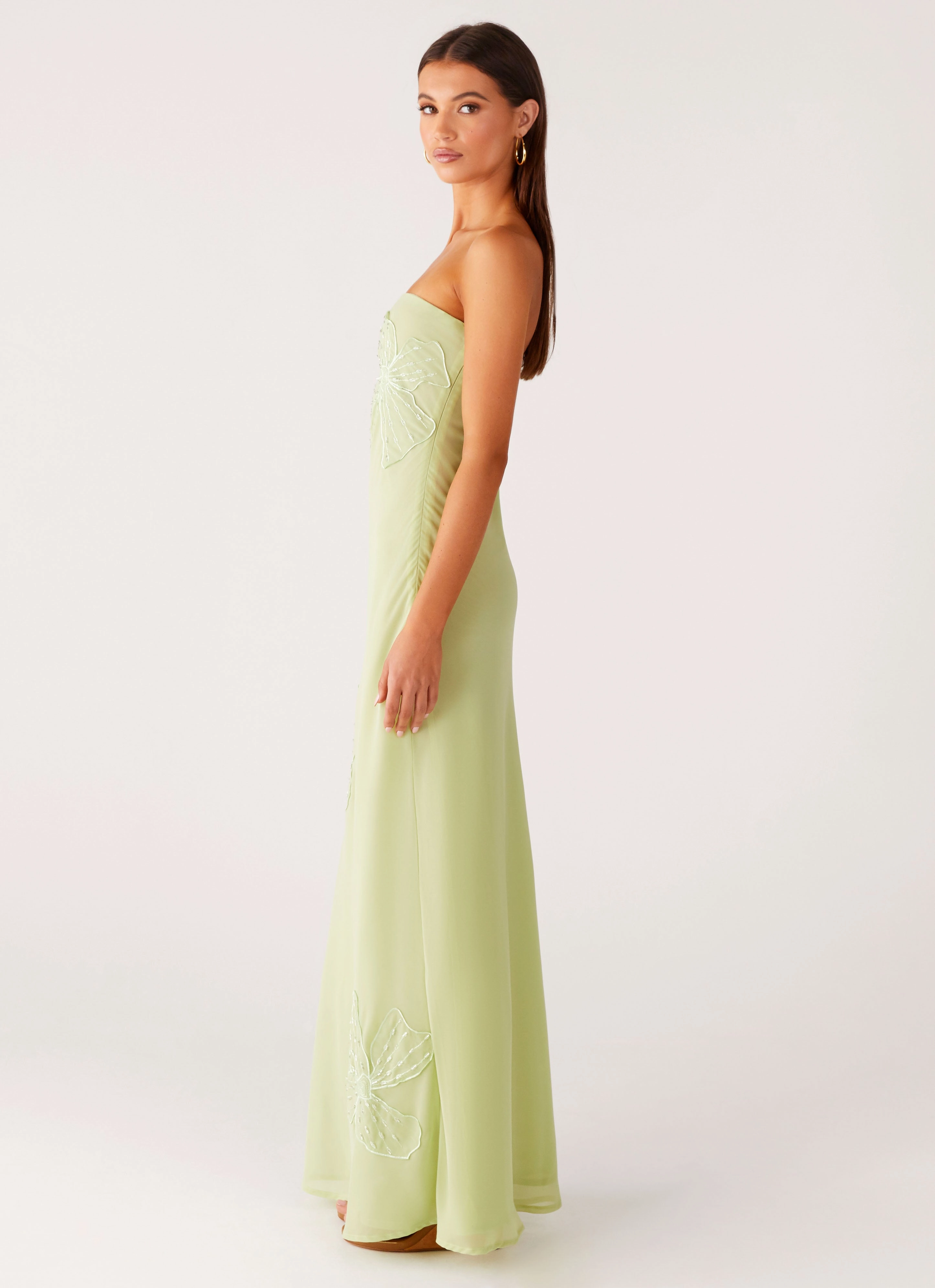 Lawn Soft Versatile Edge Sassafras Beaded Flower Strapless Maxi Dress - Lime