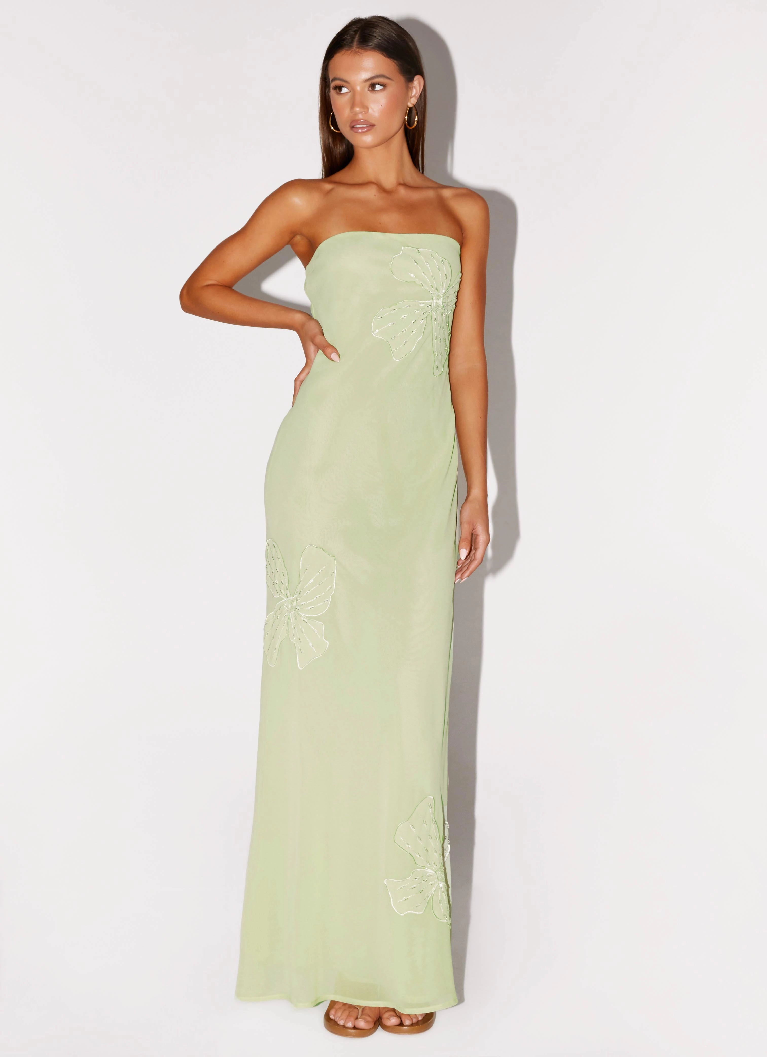 All-Occasion Look Sassafras Beaded Flower Strapless Maxi Dress - Lime