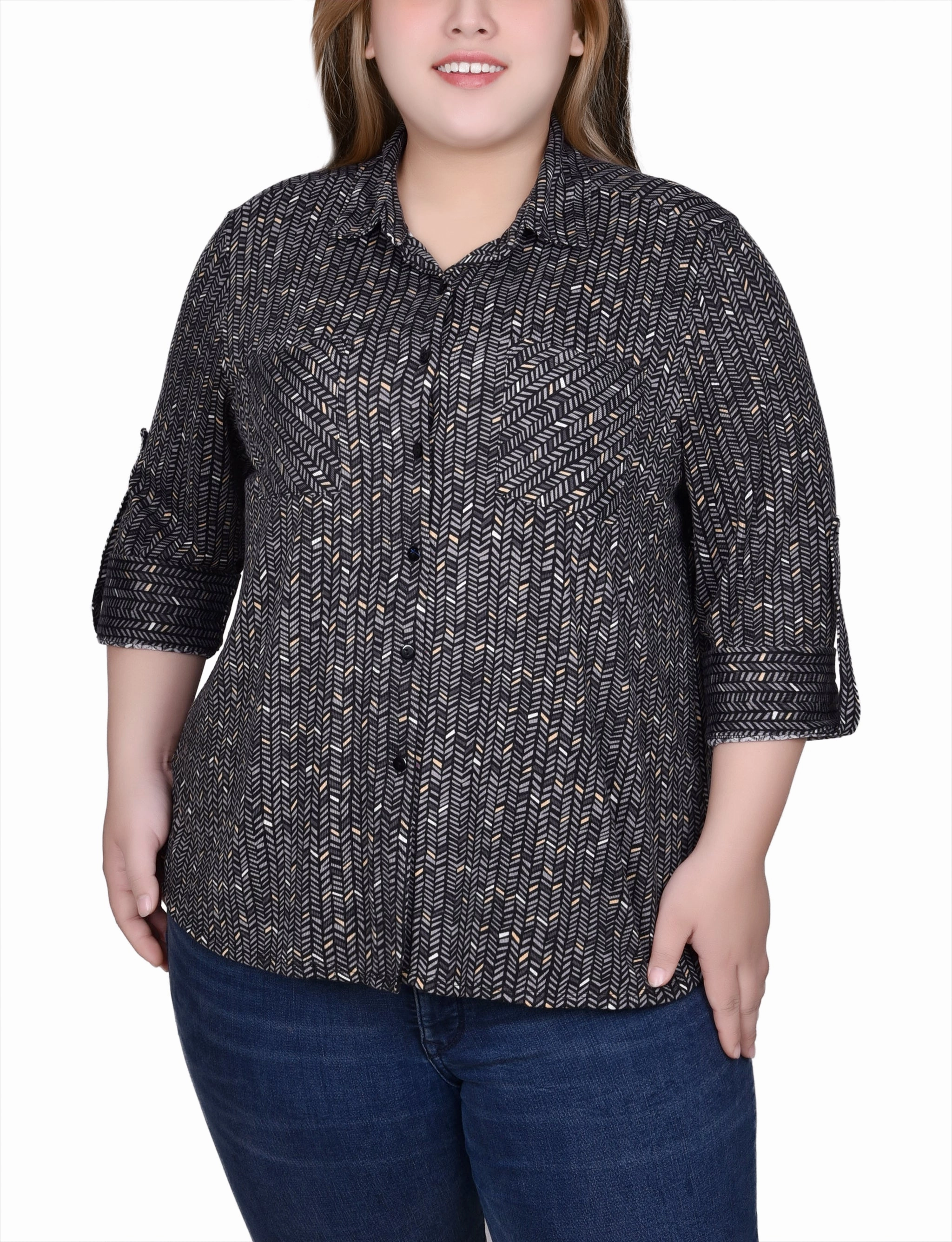 Plus Size Long Sleeve Button Front Tunic Top Smart Texture Stylish Fit