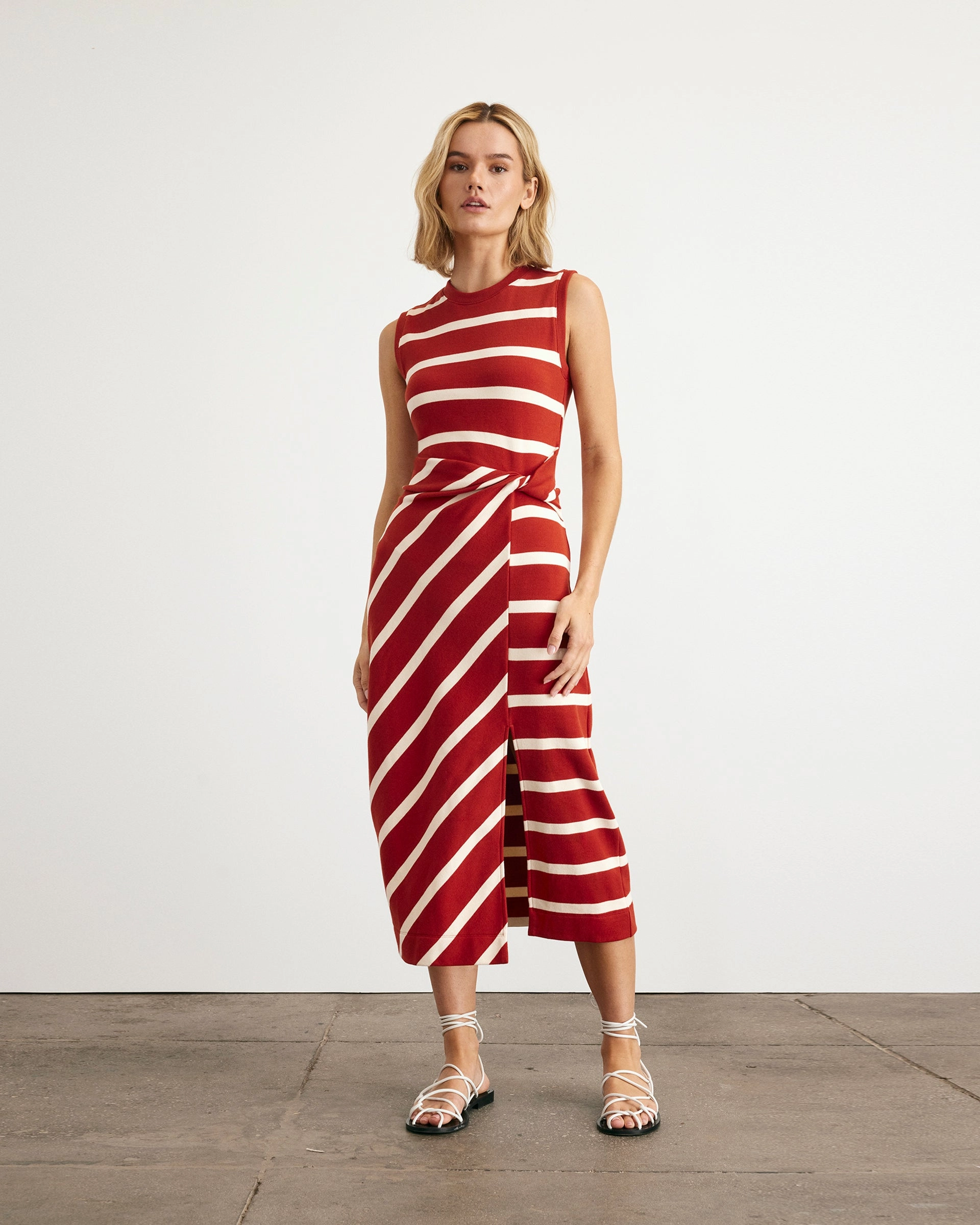 Layered Form Sleek Drape Sleeveless Striped Cody Dress