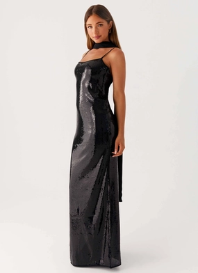 Scarf Neck Sequins Maxi Dress - Black Timeless Comfort