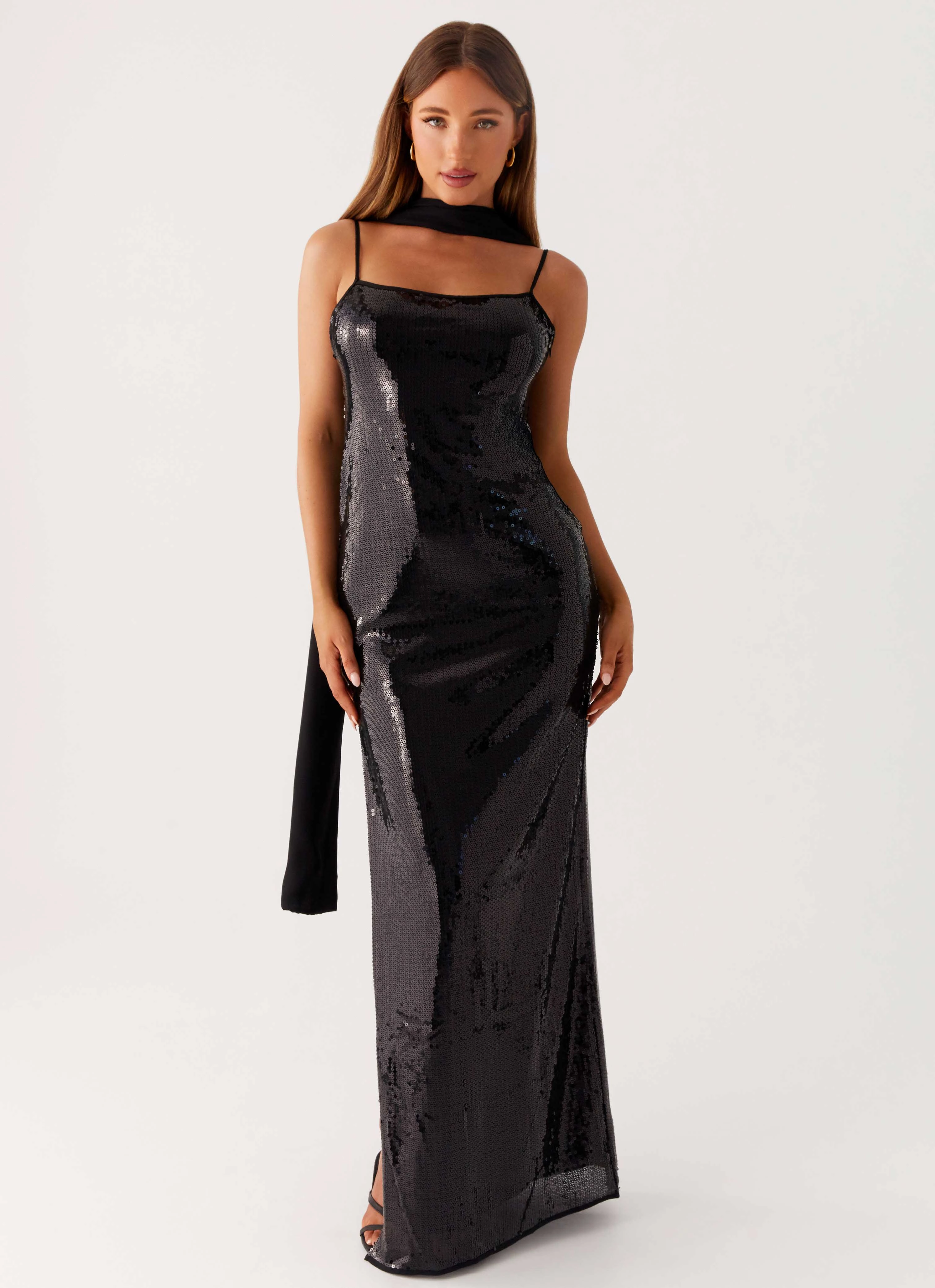 Work Pairing Scarf Neck Sequins Maxi Dress - Black