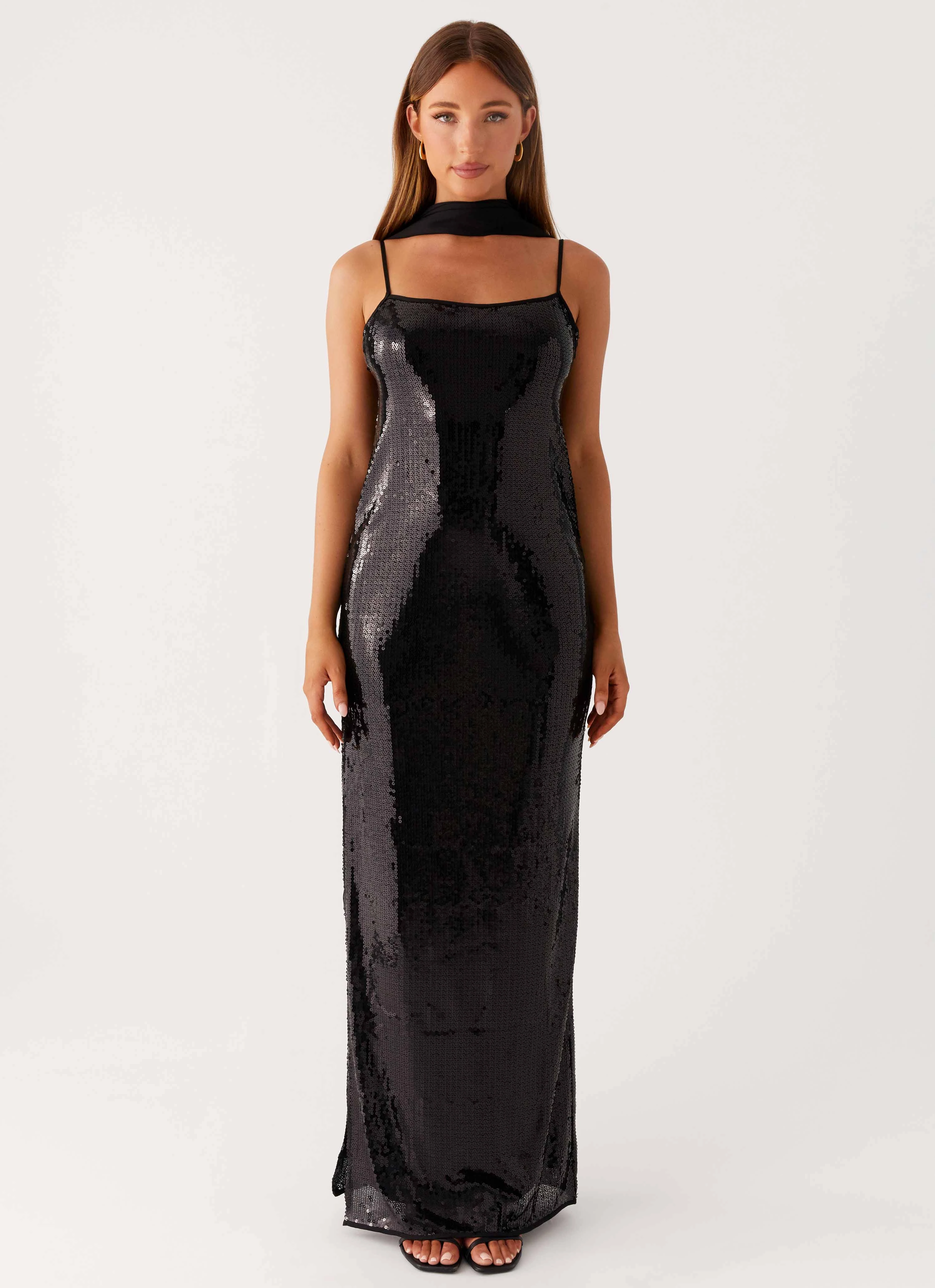 Scarf Neck Sequins Maxi Dress - Black Maternity-Fit Versatile Layering