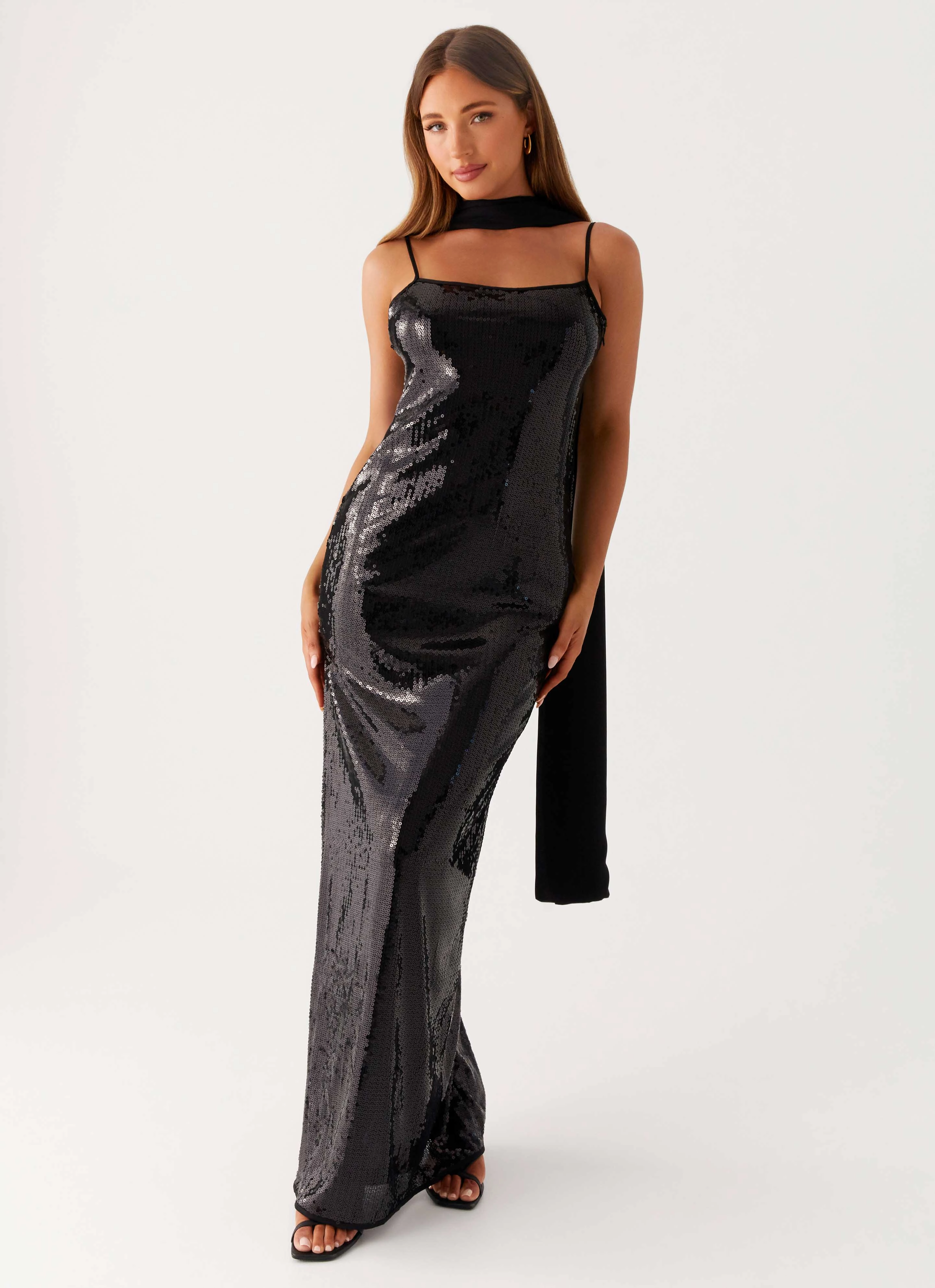Simple Form All Wear Scarf Neck Sequins Maxi Dress - Black