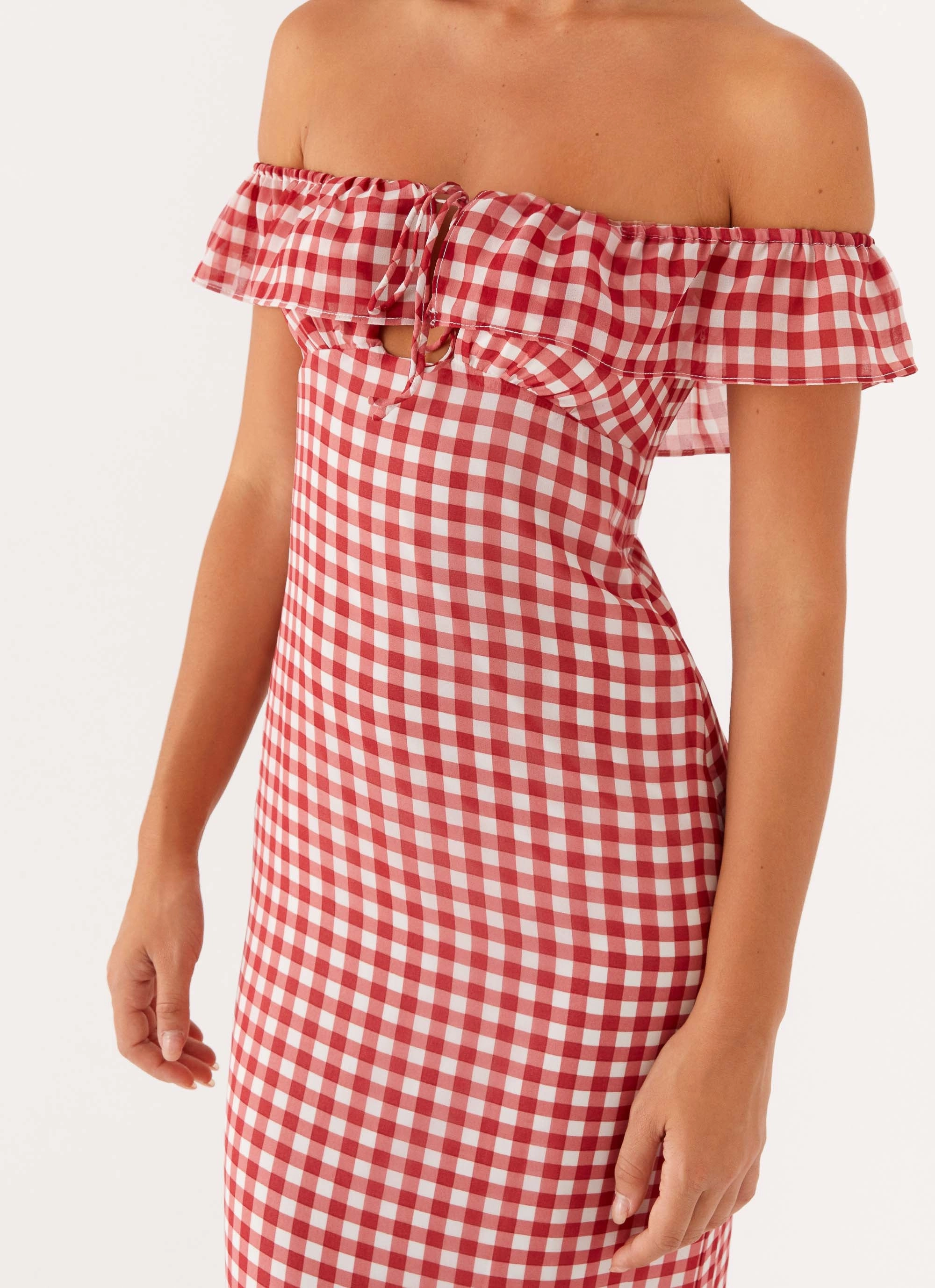 Ribbed-Texture Scarlet Cherry Maxi Dress - Red Gingham