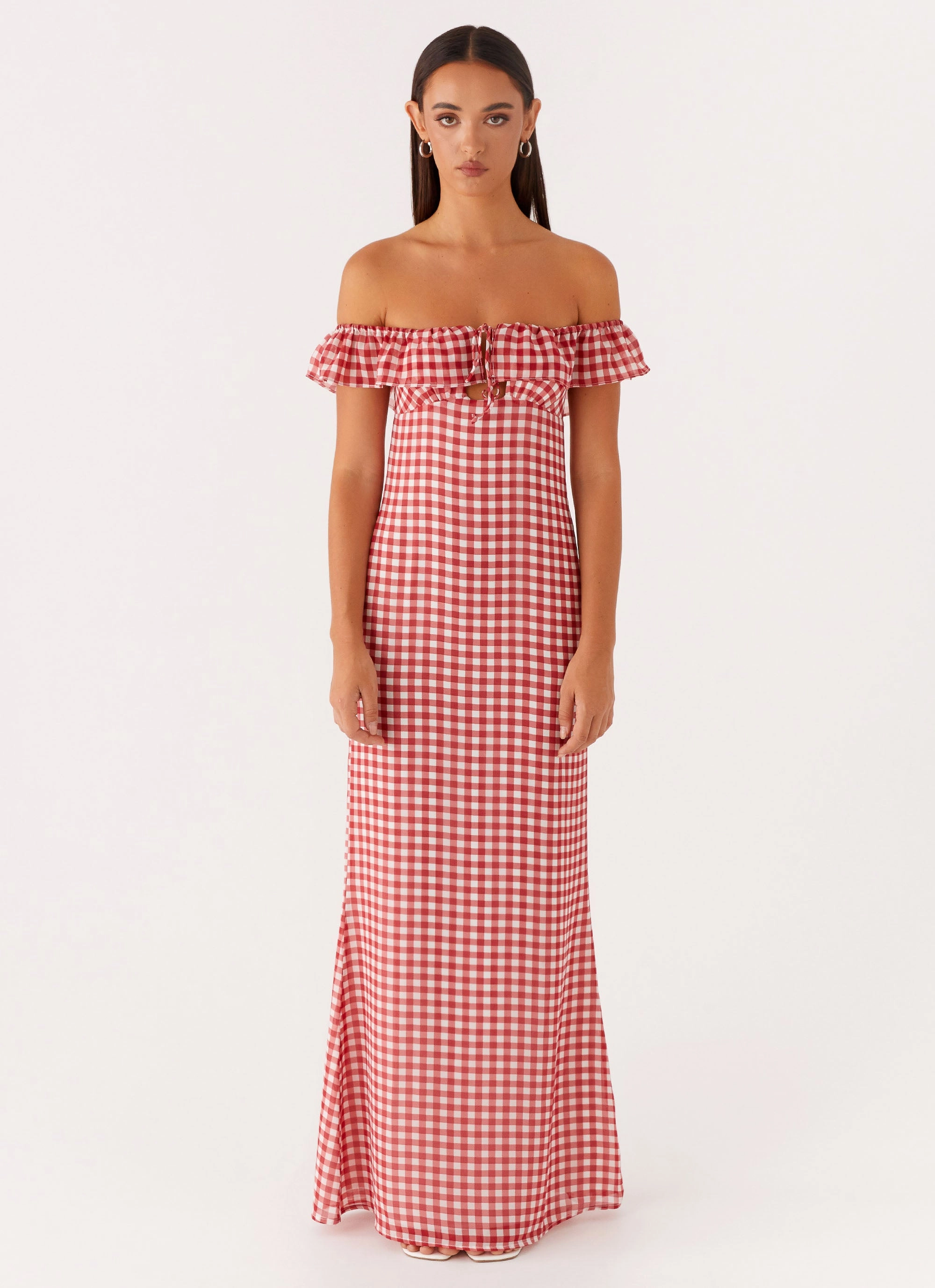 Scarlet Cherry Maxi Dress - Red Gingham Chic beachwear dress Satin Fabric