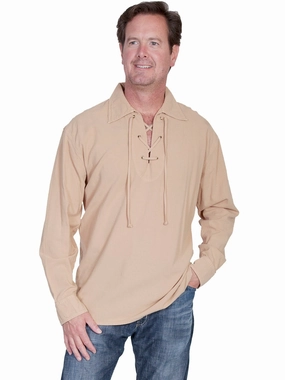 Networking Session On-The-Go Style Scully Cantina Mens Sand 100% Cotton Laceup Pullover Shirt