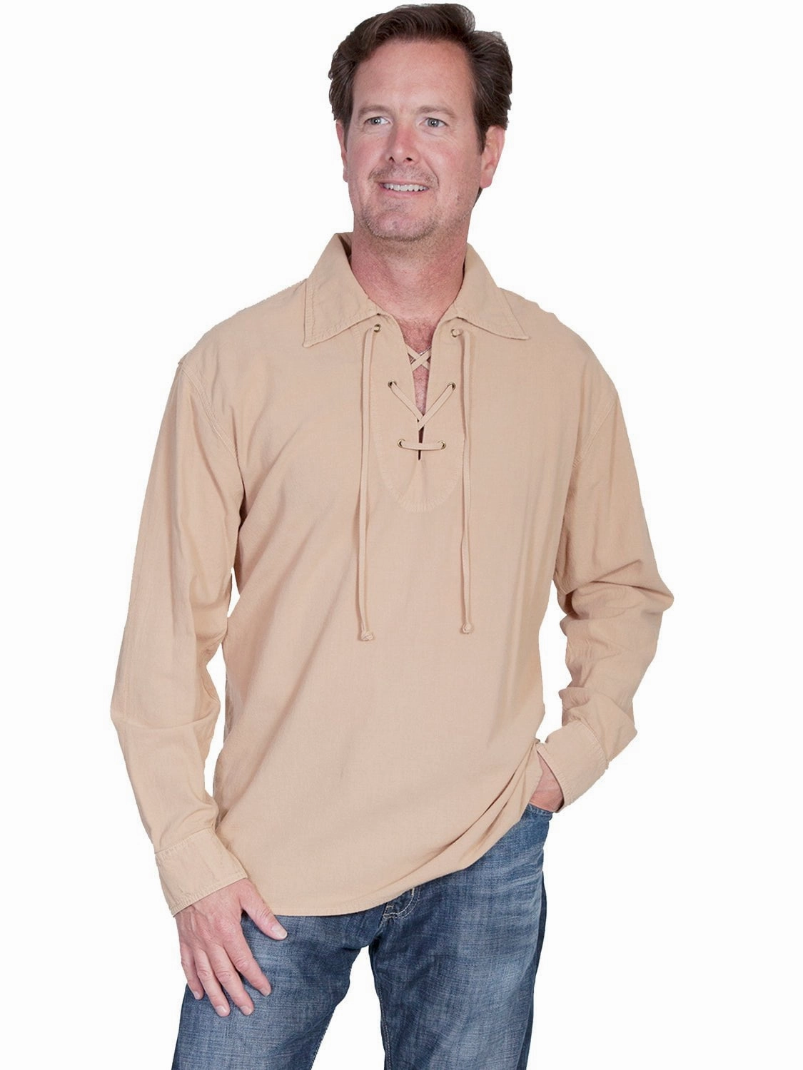 Networking Session On-The-Go Style Scully Cantina Mens Sand 100% Cotton Laceup Pullover Shirt