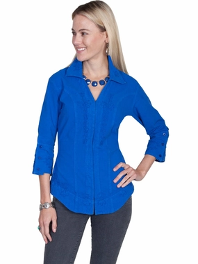 Scully Cantina Womens Dazzling Blue 100% Cotton 3/4S Peek A Boo Blouse Travel Friendly