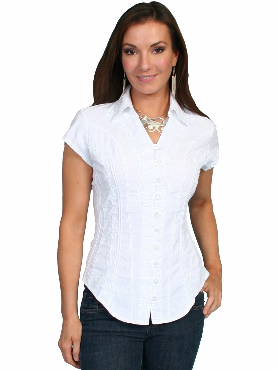 Seamless construction Odor Control Fabric Scully Cantina Womens White 100% Cotton Cap Sleeve Vine Blouse