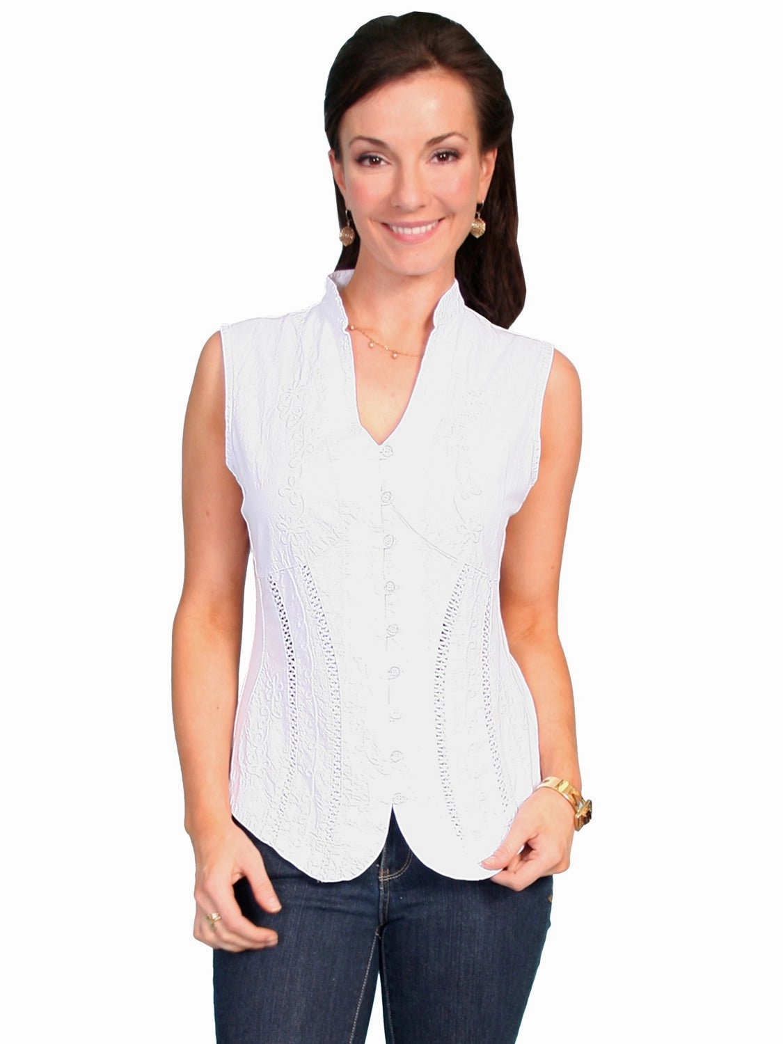 Scully Cantina Womens White 100% Cotton Sleeveless Soutache Blouse Adjustable Cuff Closure