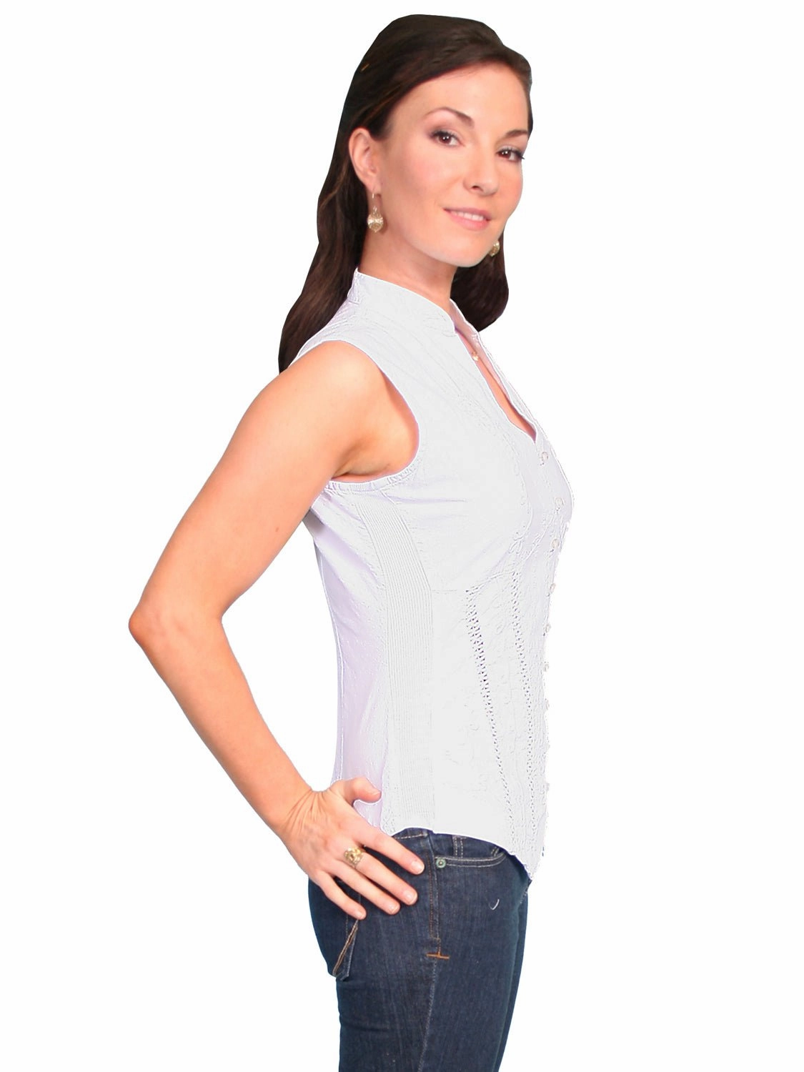 Scully Cantina Womens White 100% Cotton Sleeveless Soutache Blouse Double Stitched Hems