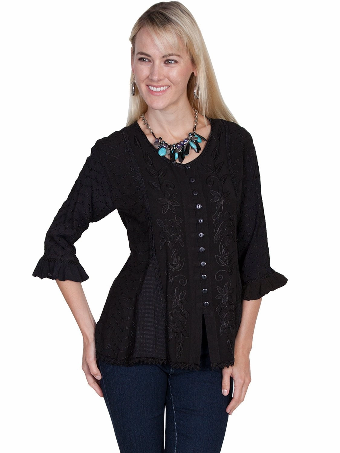 Scully Honey Creek Womens Blouse Black 100% Rayon Embroidered 3/4 Sleeve Comfort First Fit