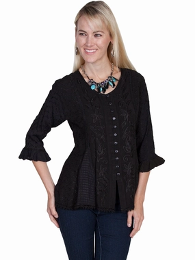 Scully Honey Creek Womens Blouse Black 100% Rayon Embroidered 3/4 Sleeve Comfort First Fit