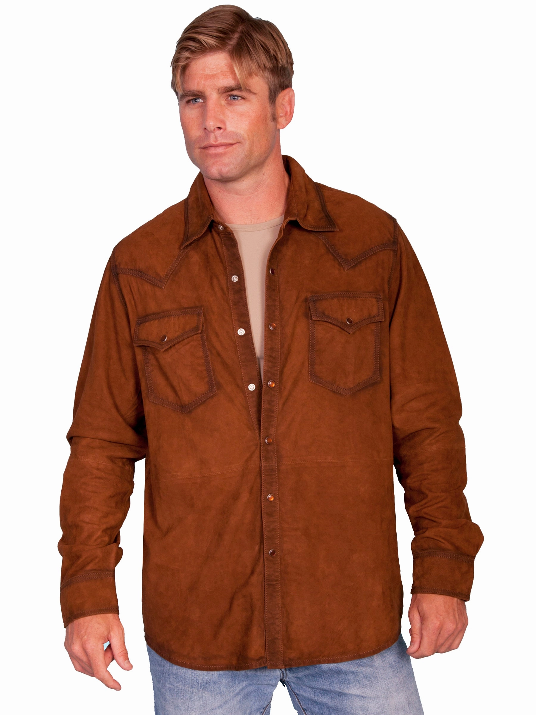 Scully Leather Mens Western L/S Suede Shirt Snap Front Brown Premium Quality vacation wear