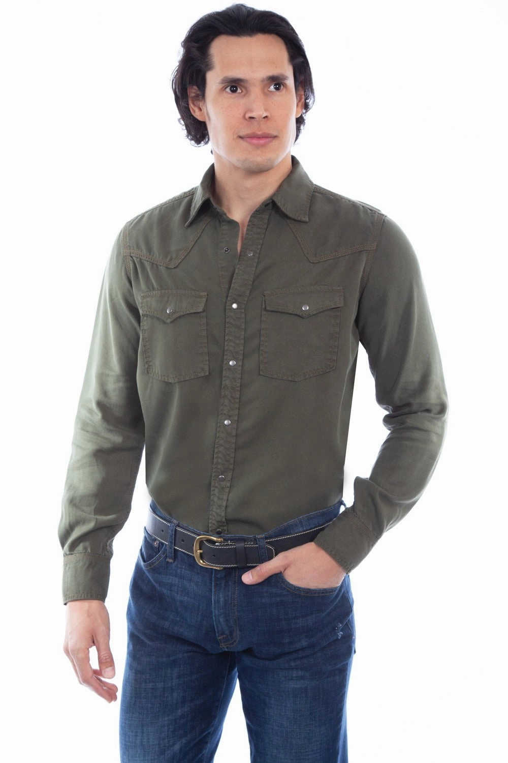 Scully Mens Army 100% Tencel Western L/S Shirt Ergonomic Back Panel