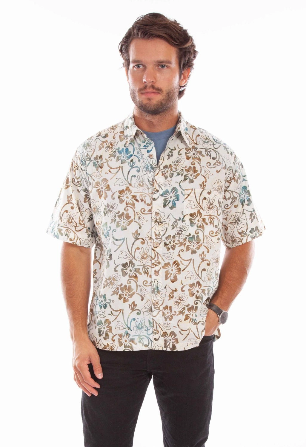 Wrinkle Free Care Scully Mens Batik Floral Natural 100% Cotton S/S Shirt