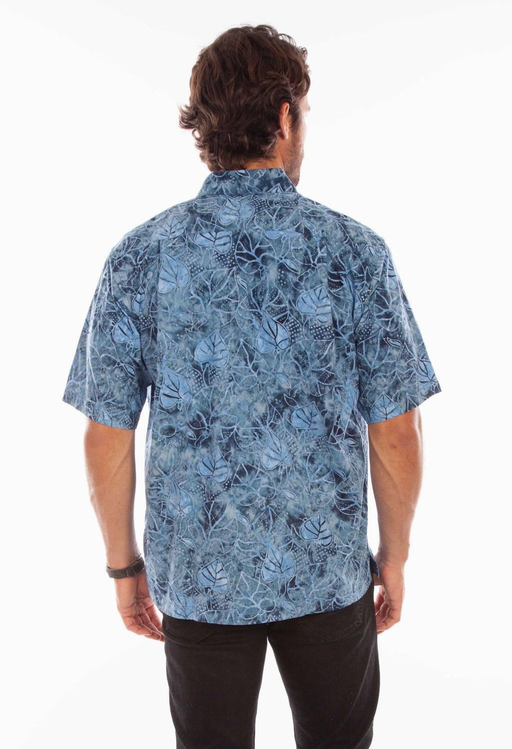 Breathable Underarm Vents Scully Mens Batik Leaves Blue 100% Cotton S/S Shirt