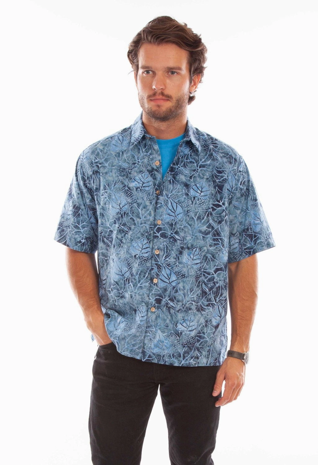 Scully Mens Batik Leaves Blue 100% Cotton S/S Shirt Trend-Driven ethical fashion