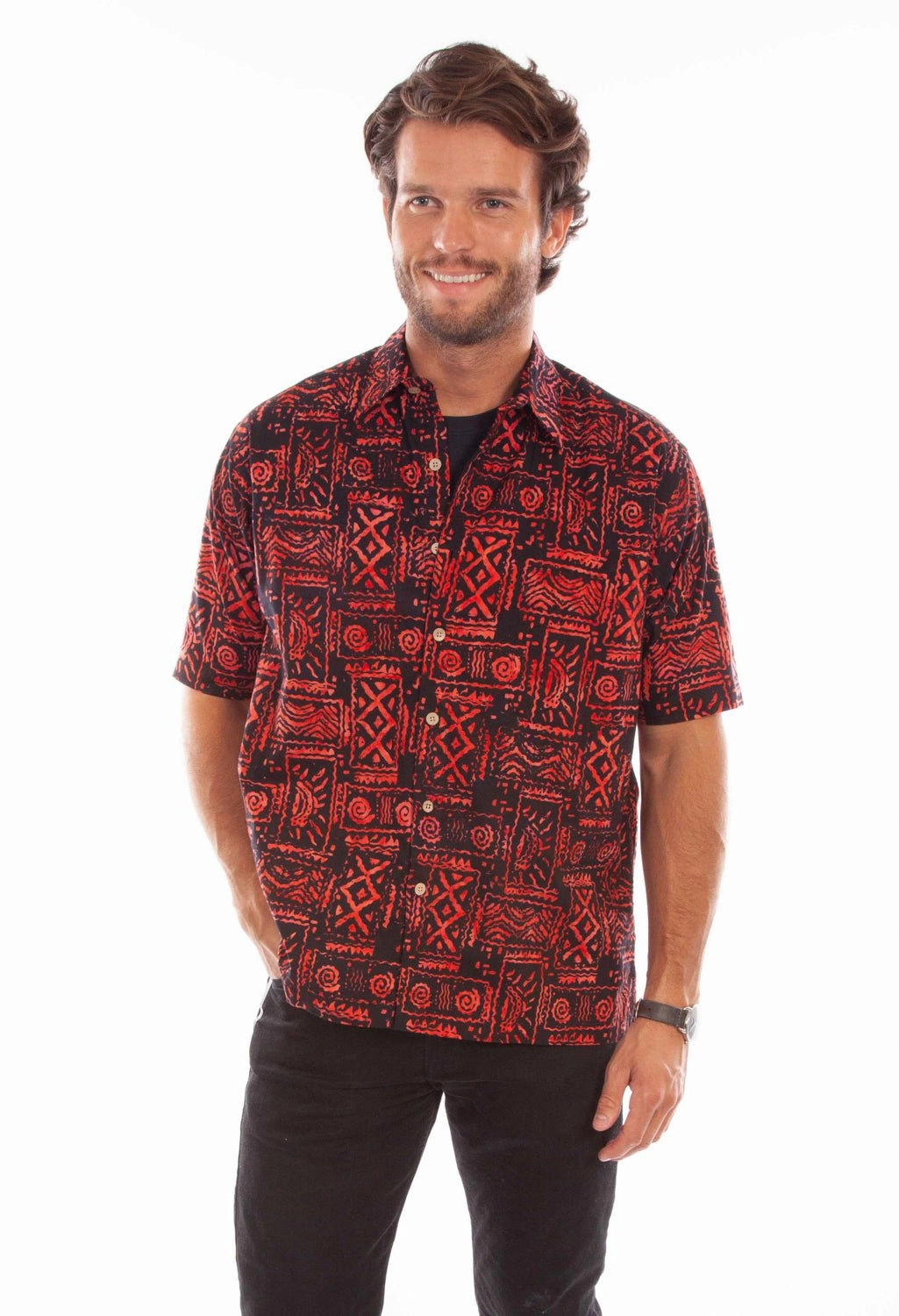 Scully Mens Batik Tribal Red 100% Cotton S/S Shirt Non Iron Material