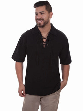 Scully Mens Black 100% Cotton Lace-up Gauze S/S Shirt Tailored Cuffs