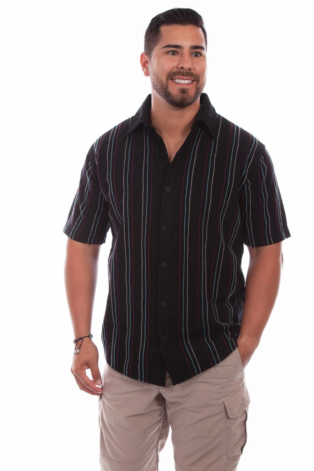 Non Static Finish Scully Mens Black 100% Cotton Quartz Stripe S/S Shirt