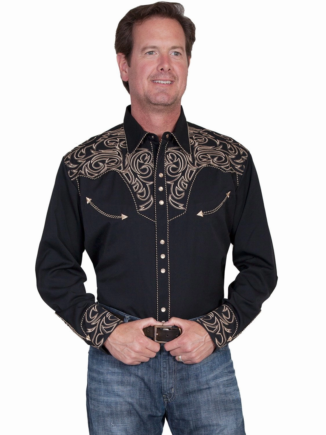 Scully Mens Black Poly/Rayon Embroidered Scroll L/S Shirt Bold Graphics