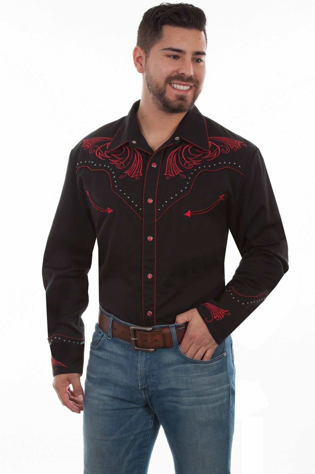 Scully Mens Black Poly/Rayon Red Scroll L/S Shirt Smooth Texture Limited Edition