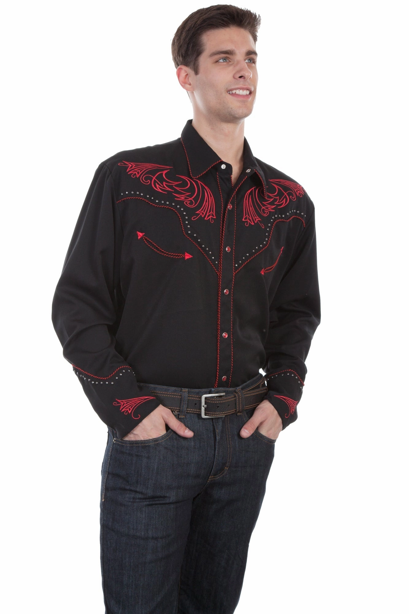 Winter Comfort Backpacking Trip Scully Mens Black Poly/Rayon Red Scroll L/S Shirt