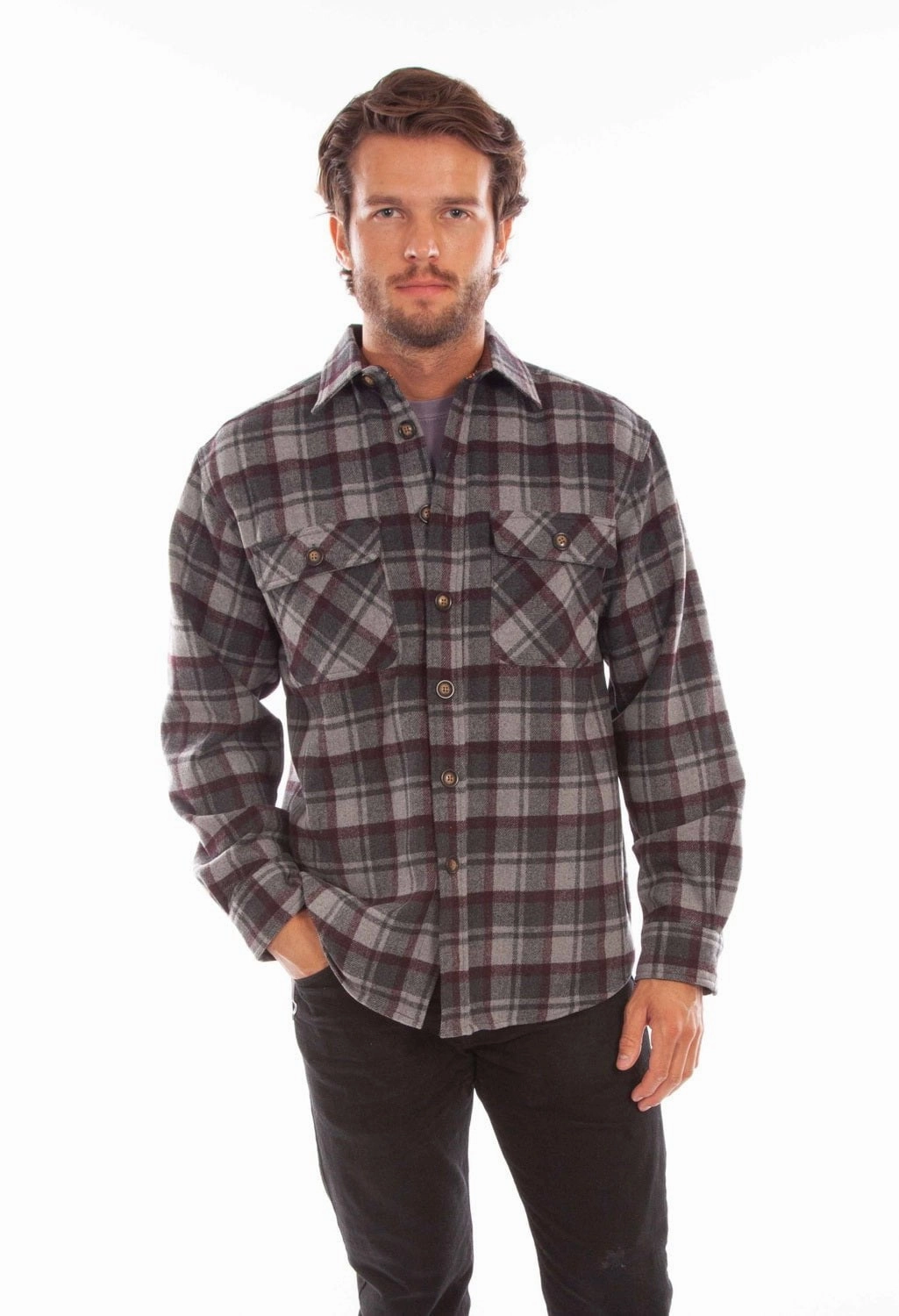 Scully Mens Charcoal/Burgundy Wool Blend Flannel Plaid L/S Shirt Petite Cut