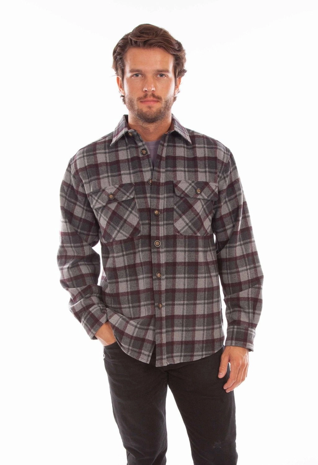 Scully Mens Charcoal/Burgundy Wool Blend Flannel Plaid L/S Shirt Recycled Polyester Blend