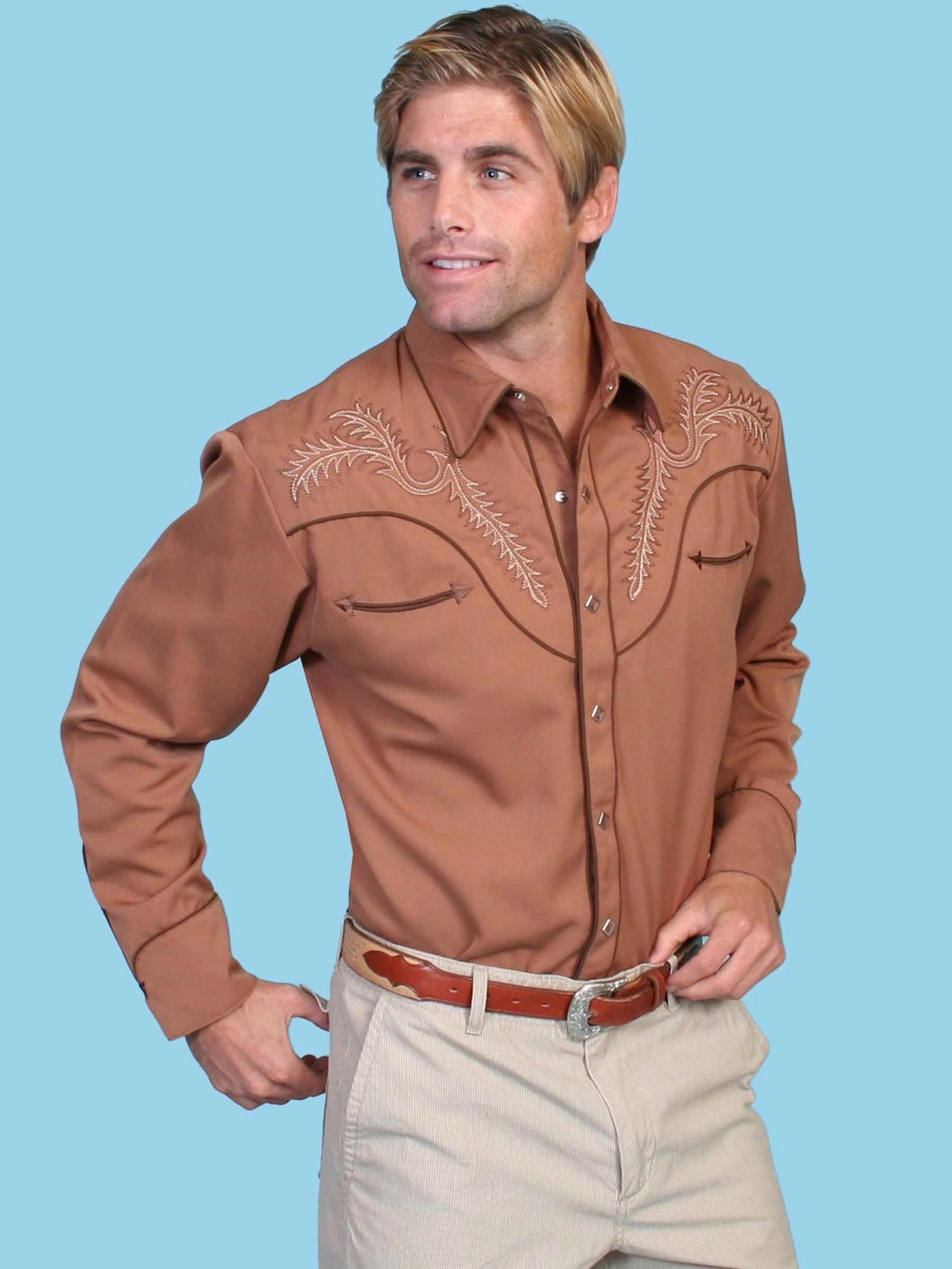Seamless construction Scully Mens Classic Bootstitch Brown Poly/Rayon L/S Shirt