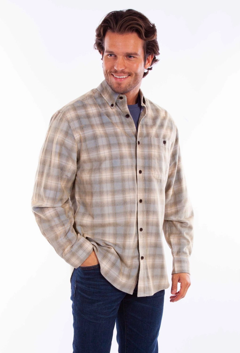 Scully Mens Corduroy Plaid Blue/Tan 100% Cotton L/S Shirt Soft Stretch Collar