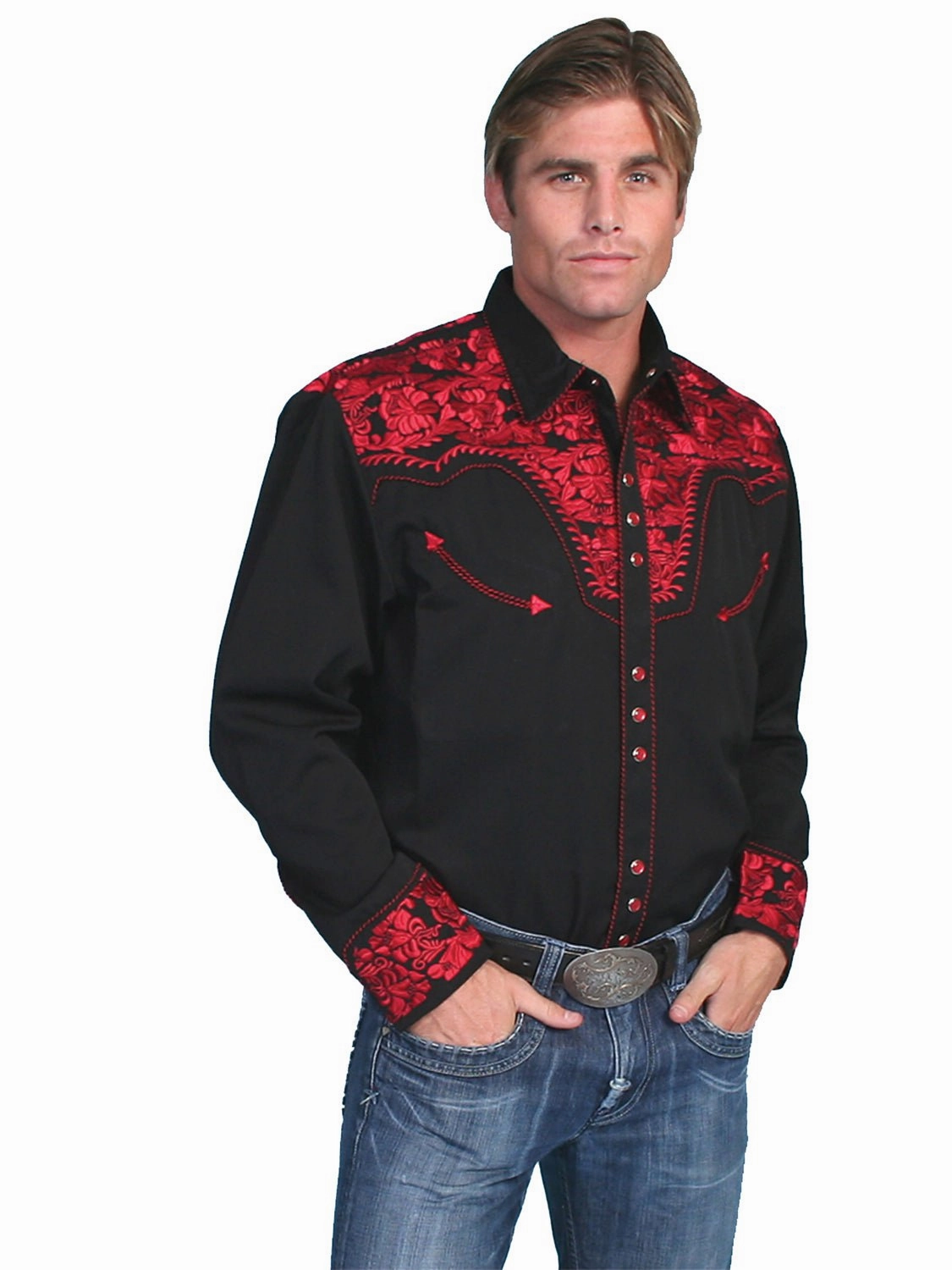 Wrinkle Free Care Shimmer Effect Scully Mens Crimson Poly/Rayon Tooled Floral L/S Shirt