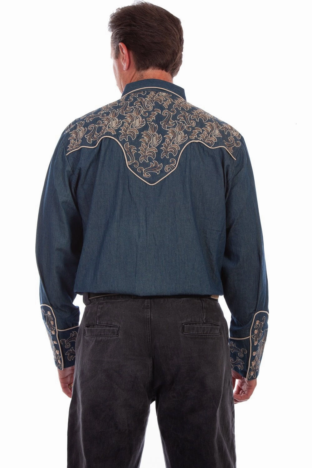 Workwear Essential Anti Pill Treatment Scully Mens Denim 100% Cotton Leafy Scroll L/S Shirt