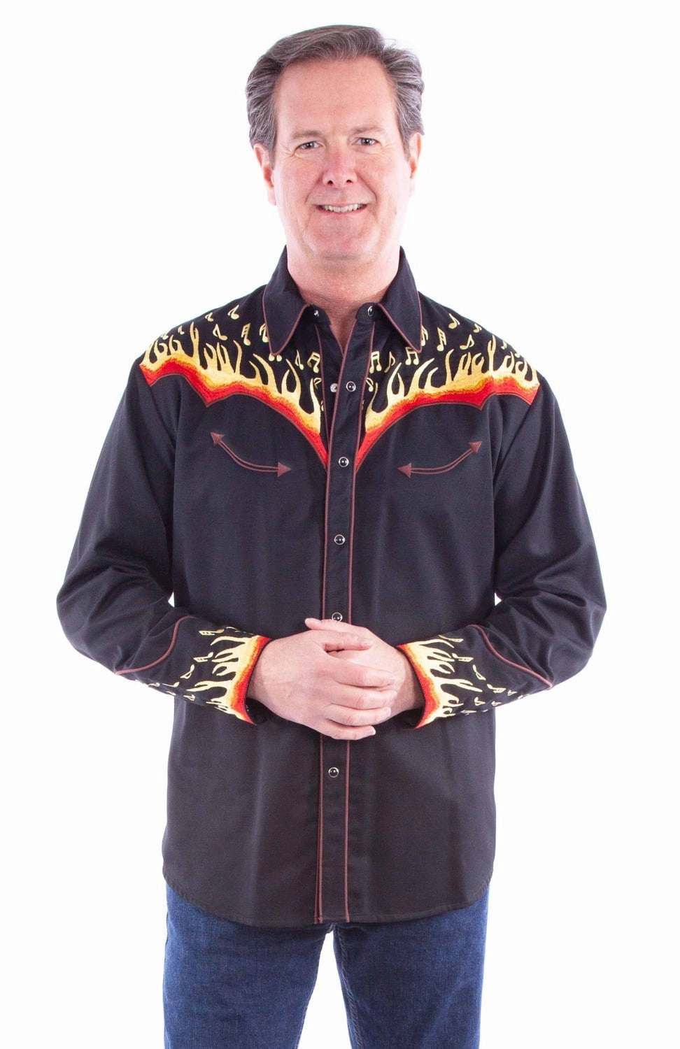 Breathable Material Pre Shrunk Cotton Blend Scully Mens Embroidered Flames Black Poly/Cotton L/S Shirt